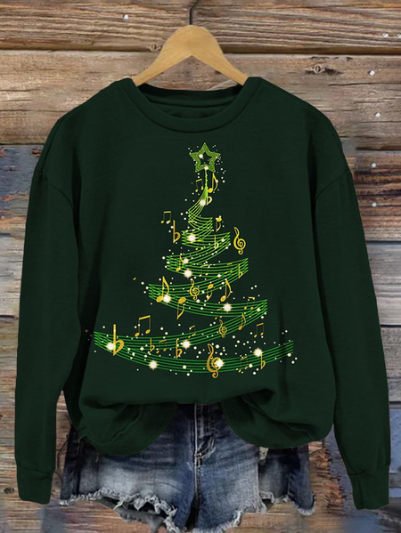 

Women's Art Musical Notes Christmas Tree Print Crew Neck Sweatshirt, Deep green, Hoodies&Sweatshirts