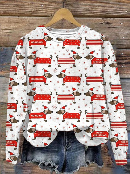 

Women's Cute Dachshund Christmas Print Crewneck Sweatshirts, White, Hoodies&Sweatshirts
