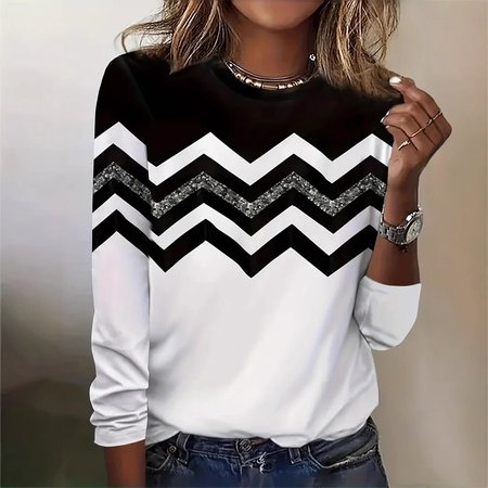 

Casual Loose Geometric Crew Neck T-Shirt, White, Long sleeves
