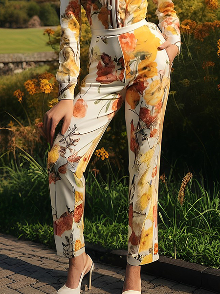 Micro-Elasticity Elegant Floral Pants, As picture, Pants