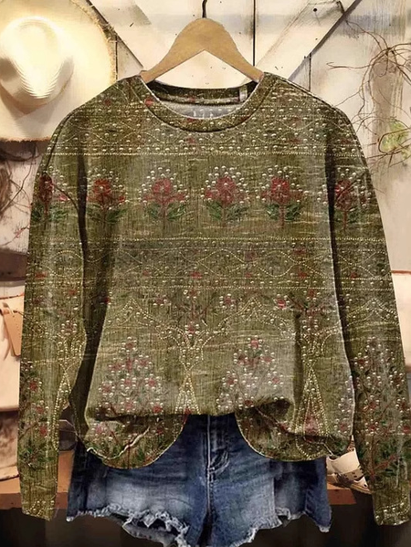 

Casual Crew Neck Ethnic Sweatshirt, Khaki, Hoodies & Sweatshirts
