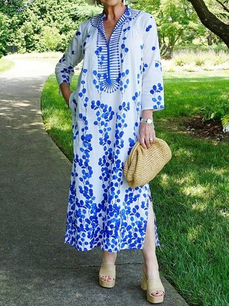 

Loose Plants Vacation Dress, White-blue, Maxi Dresses