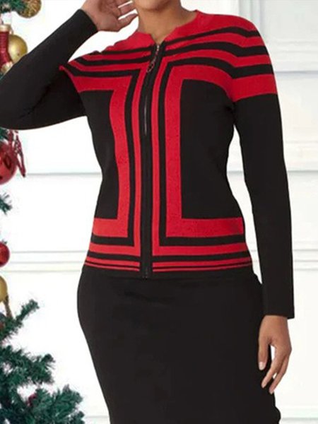 

Color Block Zipper Elegant Sweater Cardigan, Black-red, Cardigans