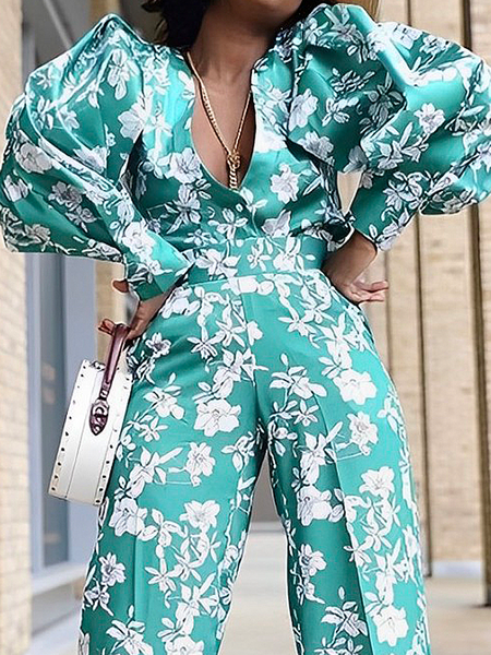 

Puff Sleeve Floral Elegant Shirt, As picture, Blouses and Shirts