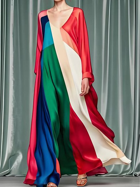 

Elegant Color Block V Neck Dress, As picture, Maxi Dresses