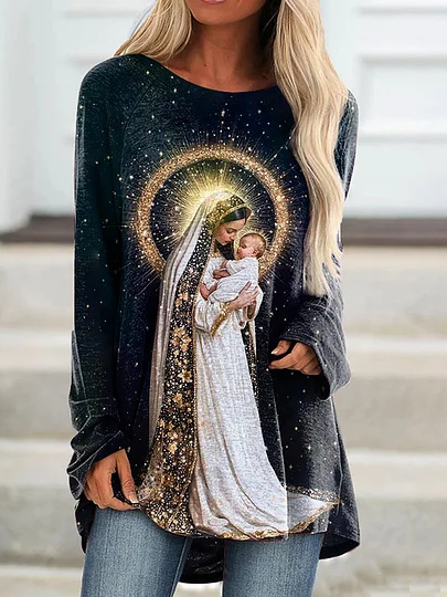 

Casual Christmas Crew Neck Long Sleeve T-shirt, White, T-shirts
