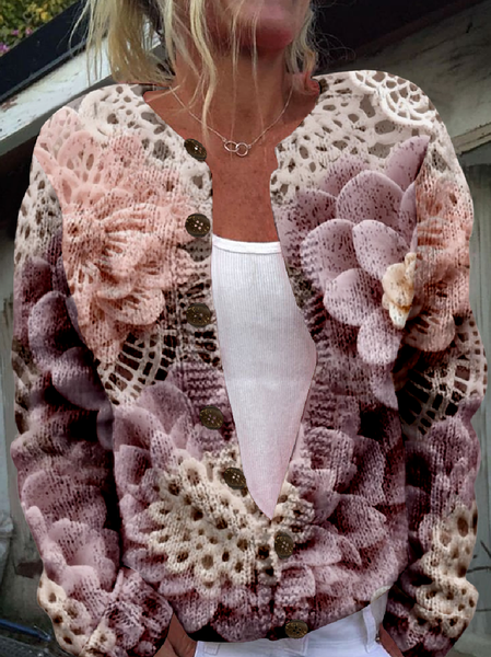Casual Loose Crew Neck Cardigan, Purple, Cardigans