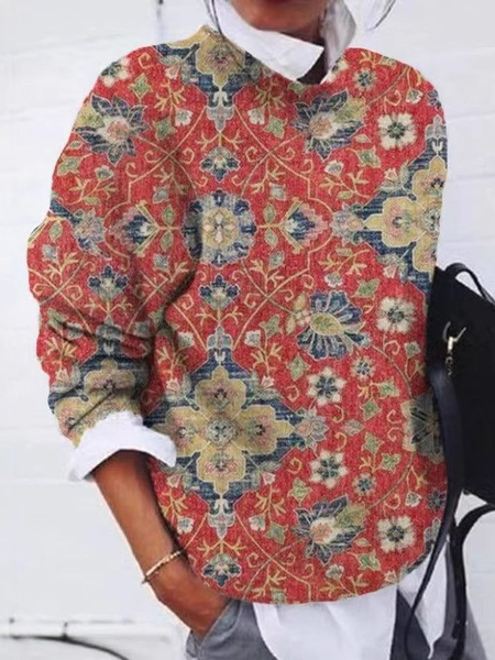 

Casual Crew Neck Floral Sweatshirt Zipper, Orange red, Hoodies & Sweatshirts