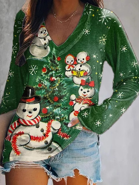 

Casual Christmas V Neck Long Sleeve T-shirt, Green, T-shirts