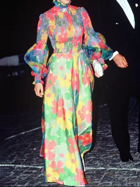 

Floral Elegant Balloon Sleeve Dress, As picture, Maxi Dresses