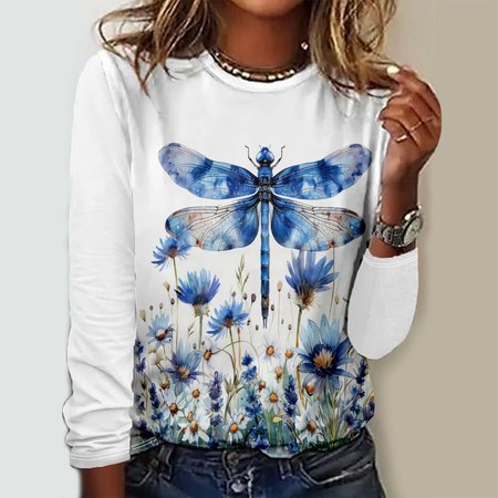 

Casual Floral Crew Neck Long Sleeve T-shirt, Blue, T-shirts