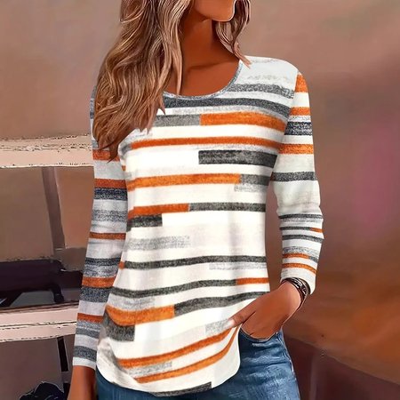 Casual Striped Crew Neck Long Sleeve T-shirt, White, T-shirts