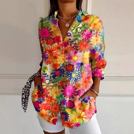 

Women's Long Sleeve Shirt Spring/Fall Floral Shirt Collar Daily Going Out Casual Top, Orange red, Blouses