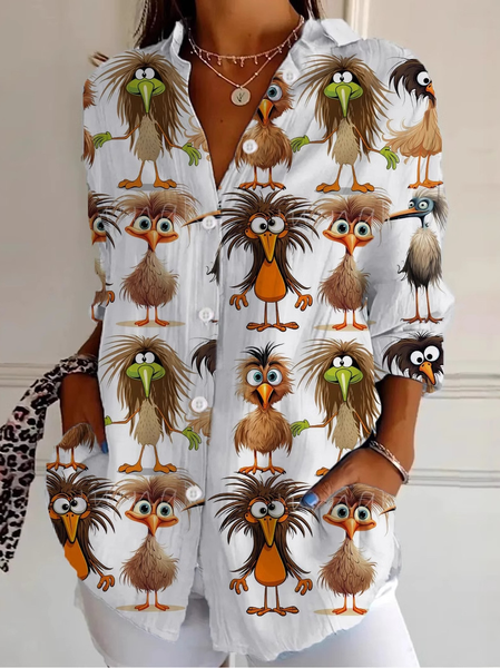 

Shirt Collar Long Sleeve Animal Regular Loose Shirt For Women, Coffee, Shirts