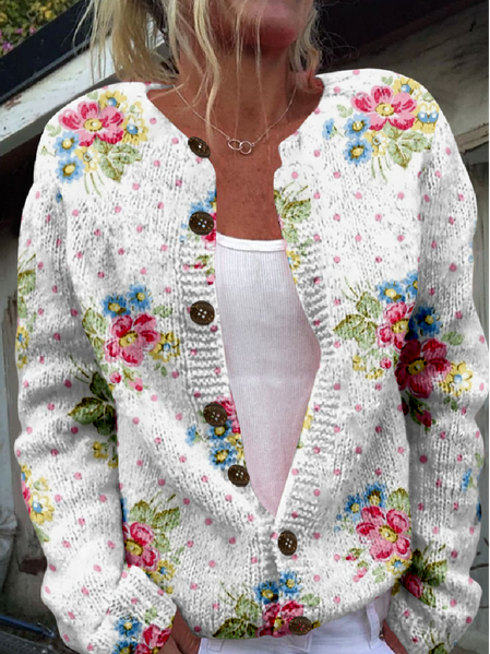 Casual Knitted Loose Crew Neck Cardigan, White, Cardigans