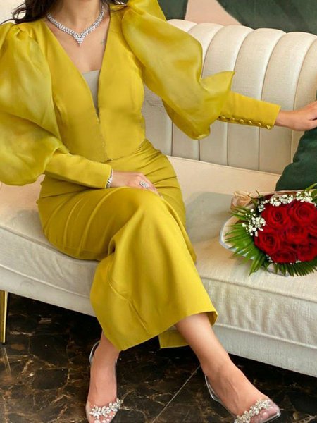 

Balloon Sleeve Split Joint Plain Elegant Party Dress, Yellow, Maxi Dresses