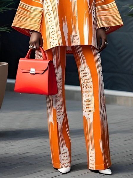 

Ethnic Print Urban Fashion Straight Pants, Orange, Pants