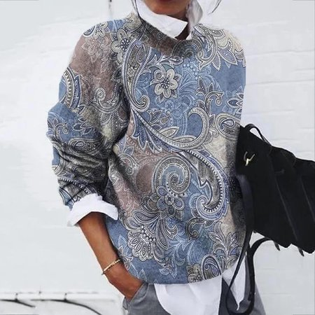 Casual Crew Neck Floral Sweatshirt Zipper, Blue, Hoodies & Sweatshirts