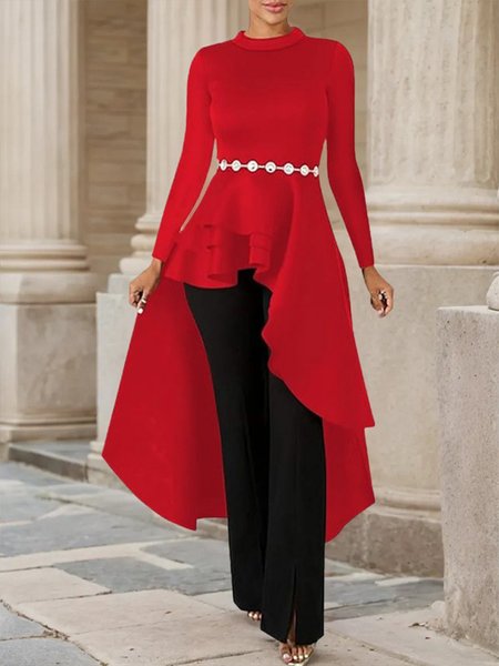 

Urban Plain Irregular Craftsmanship Blouse With No Belt, Red, Blouses and Shirts