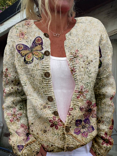 

Butterfly Crew Neck Casual Cardigan, As picture, Cardigans