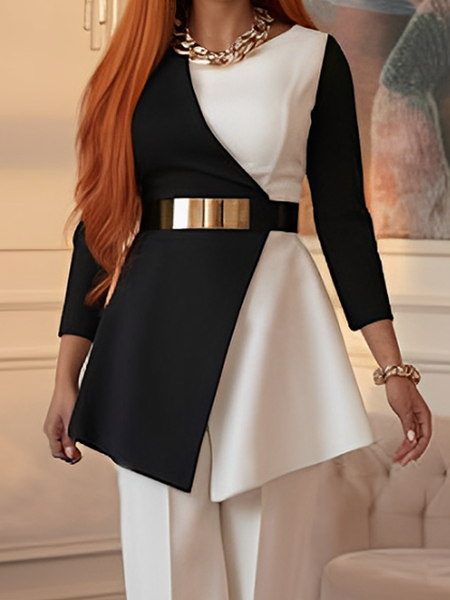 Urban Color Block Blouse With Belt, Black-white, Blouses and Shirts