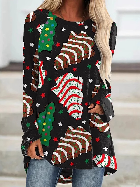 

Casual Christmas Crew Neck Long Sleeve T-shirt, Black, T-shirts