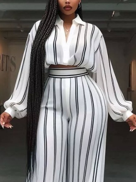 

Shirt Collar Loose Urban Striped Shirt, Black-white, Blouses and Shirts