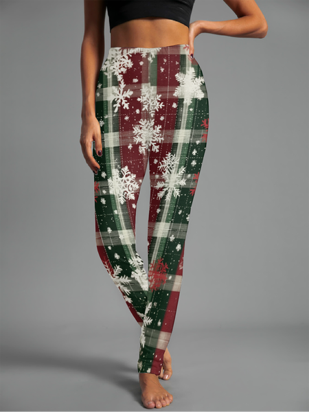 Women's Casual Plaid Jersey All Season Long Leggings, Green, Leggings