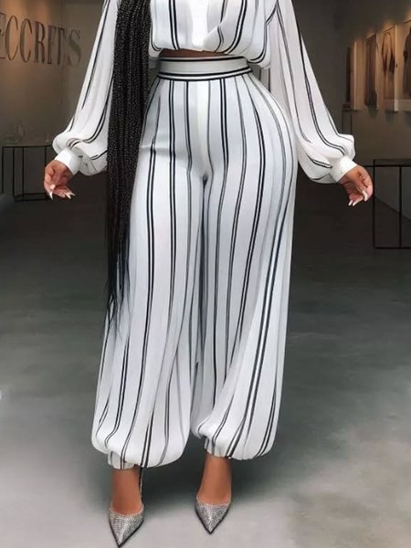 

Loose Striped Urban Pants, Black-white, Pants
