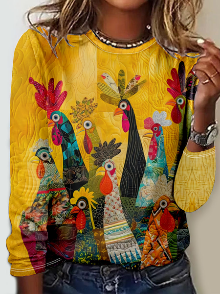 Casual Animal Loose T-Shirt, Yellow, Long sleeves