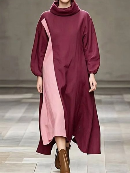 

Loose Casual Turtleneck Color Block Dress, As picture, Midi Dresses