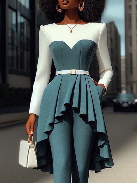 

Color Block Crew Neck Elegant Blouse With No Belt, Green, Blouses and Shirts