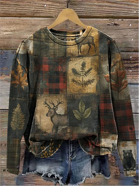 

Vintage Crew Neck Plaid Sweatshirt, As picture, Hoodies & Sweatshirts
