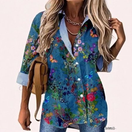 

Shirt Collar Long Sleeve Floral Regular Loose Shirt For Women, Blue, Shirts
