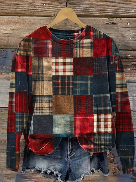 

Vintage Crew Neck Plaid Sweatshirt, As picture, Hoodies & Sweatshirts