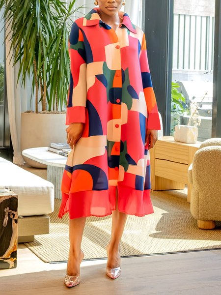 

Casual Shirt Collar Colorblock Shirt Midi Dress, As picture, Midi Dresses