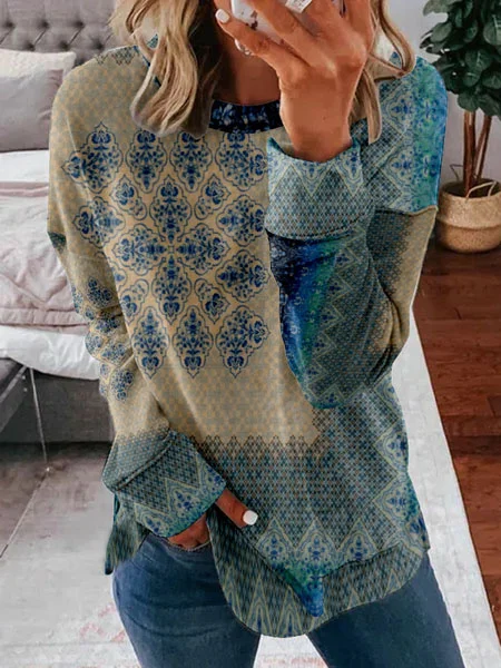 

Hippie Casual Loose Crew Neck Nationality/Ethnic Sweatshirt, Cyan, Hoodies&Sweatshirts