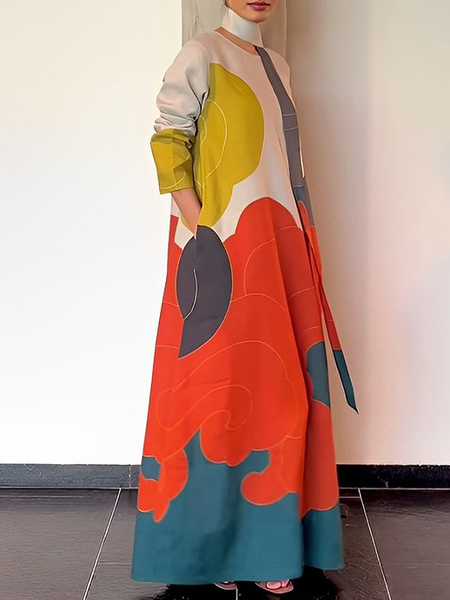 

Elegant Loosen Random Print Maxi Dress With Scarf, As picture, Maxi Dresses