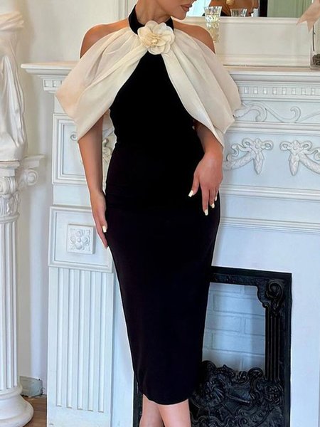 

Halter Elegant Color Block Party Dress, Black, Midi Dresses