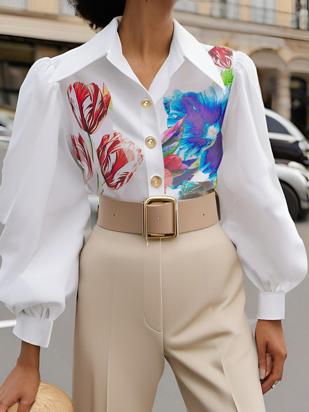 Floral Urban Loosen Shirt, White, Blouses and Shirts