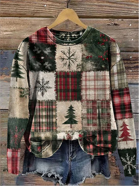

Women's Crew Neck Plaid Vintage Spring/Fall Long Sleeve Sweatshirt, As picture, Sweatshirts & Hoodies