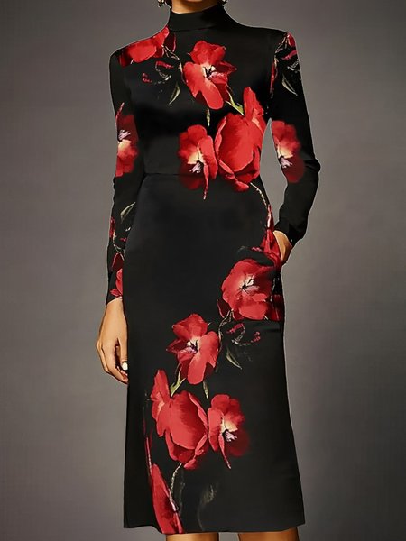 

Stand Collar Urban Floral Dress, Reddish black, Midi Dresses