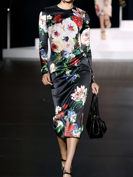 

Floral Elegant Midi Dress, Black, Midi Dresses
