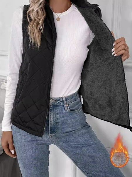 Loose Plain Shawl Collar Casual Vest, Black, Outerwear