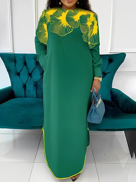 

Crew Neck Floral Loose Urban Long Maxi Dress, Green, Maxi Dresses