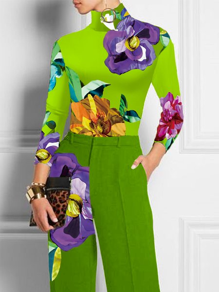 

Turtleneck Urban Floral Tight Printing T-Shirt, Green, Tees