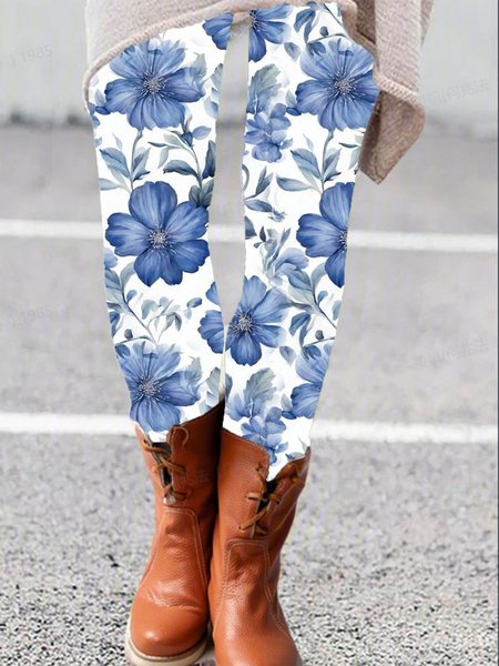 Women's Casual Floral Jersey All Season Long Leggings, Blue, Leggings