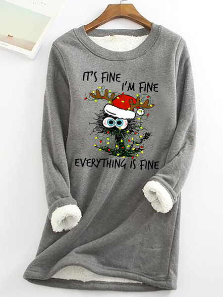 

It Is Fine, I Am Fine Everything Is Fine Christmas Cat Casual Fluff Fleece Fabric Sweatshirtw, Gray, Hoodies&Sweatshirts
