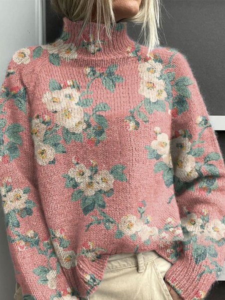 

Casual Turtleneck Floral Sweatshirt, Pink, Hoodies & Sweatshirts