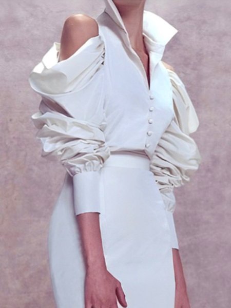 

Ruched Elegant Shirt Collar Off Shoulder Sleeve Shirt, White, Blouses and Shirts
